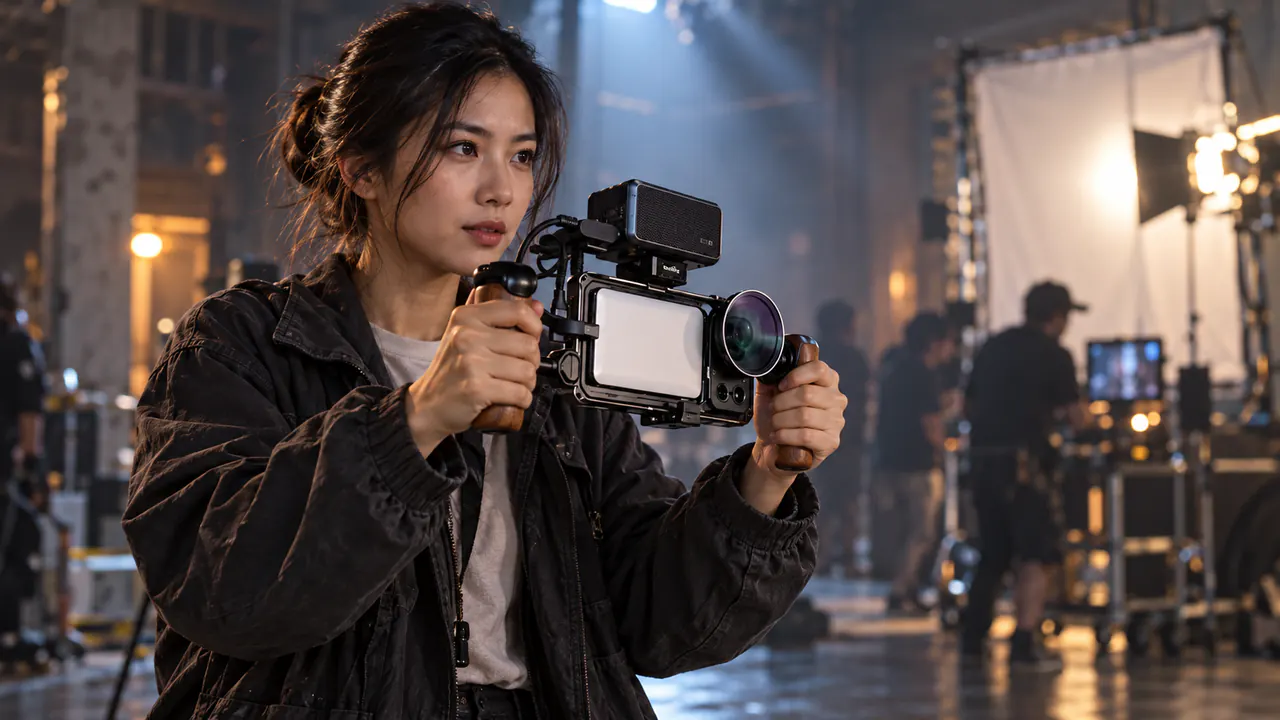 A young Asian filmmaker holding a professionally rigged iPhone on a softly lit film set