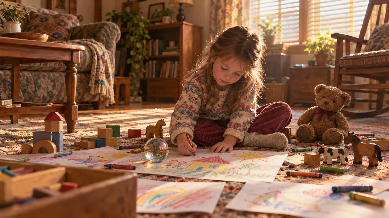 A young girl drawing among her toys, with a small glass orb catching warm window light