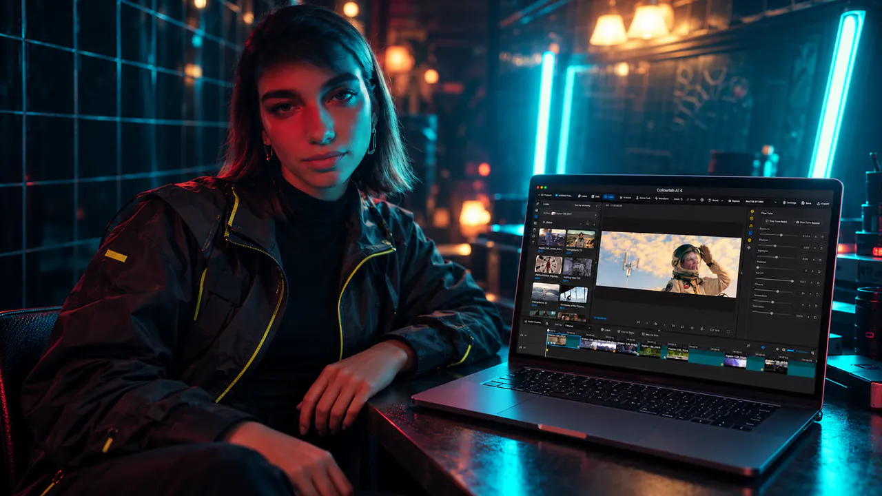 A colorist beside a graphite laptop displaying Colourlab AI 4 in a neon-lit studio