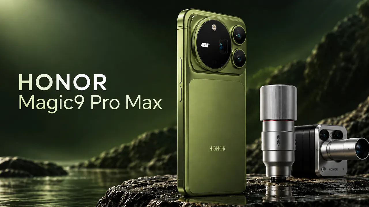 HONOR Magic9 Pro Max teaser showing a green phone alongside camera lenses, with the original product lettering