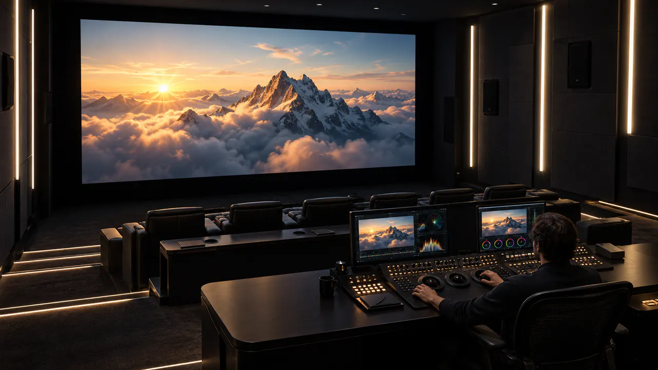 A professional colorist working in a cinema grading theatre with a mountain scene on the projection screen
