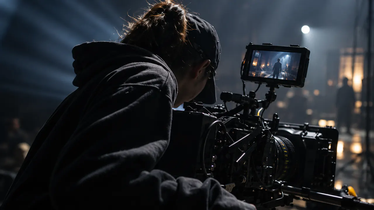 A camera operator filming on a dark cinematic set with soft beams of light and an onboard monitor
