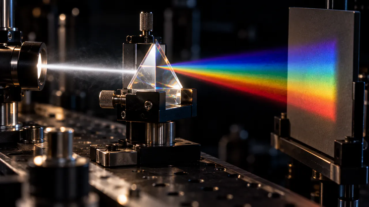 White light passing through a prism into a spectrum on an optical bench